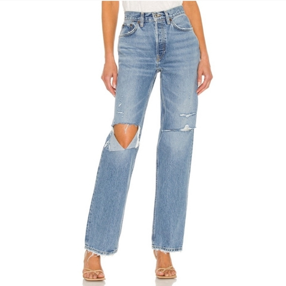 RE/DONE Originals 90s Comfy Jeans Sunfaded Destroy Blue Frayed Size 26
